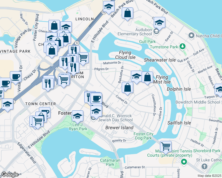 map of restaurants, bars, coffee shops, grocery stores, and more near 678 Harvester Drive in Foster City