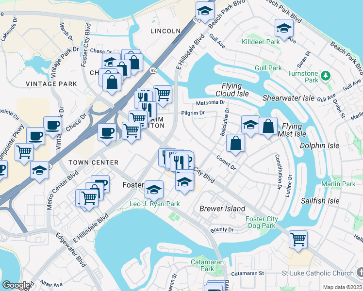 map of restaurants, bars, coffee shops, grocery stores, and more near 1103 Admiralty Lane in Foster City