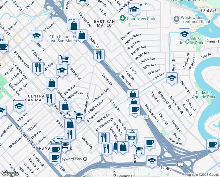 map of restaurants, bars, coffee shops, grocery stores, and more near 1010 Folkstone Avenue in San Mateo