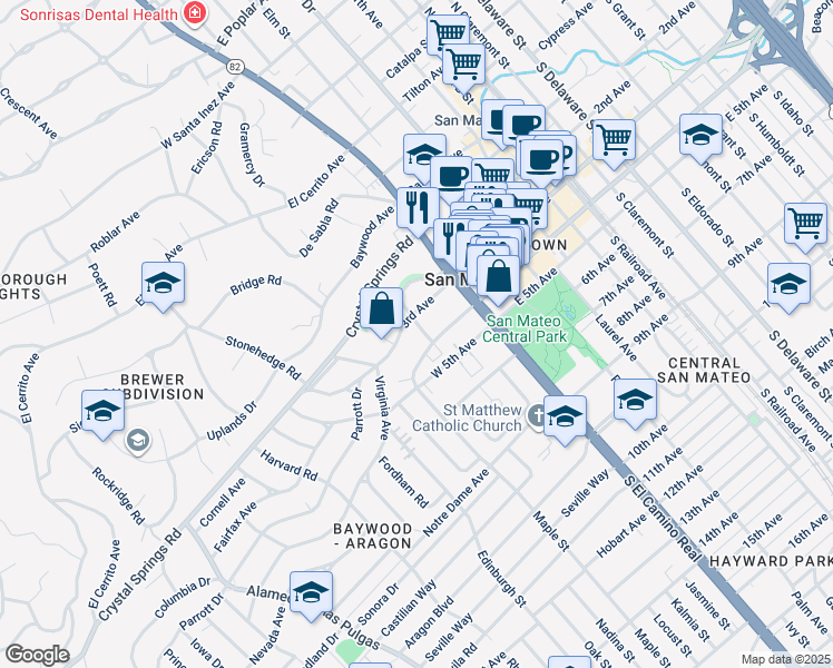 map of restaurants, bars, coffee shops, grocery stores, and more near 110 West 3rd Avenue in San Mateo