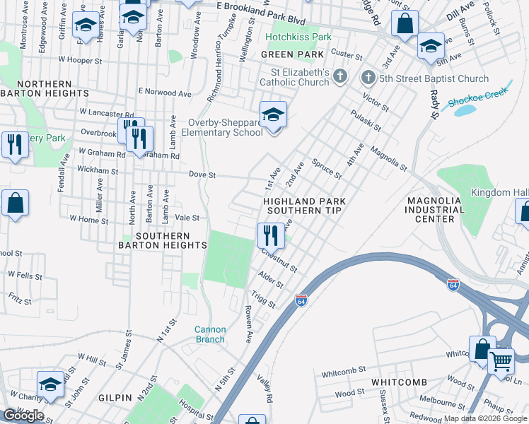map of restaurants, bars, coffee shops, grocery stores, and more near 2004 1st Avenue in Richmond