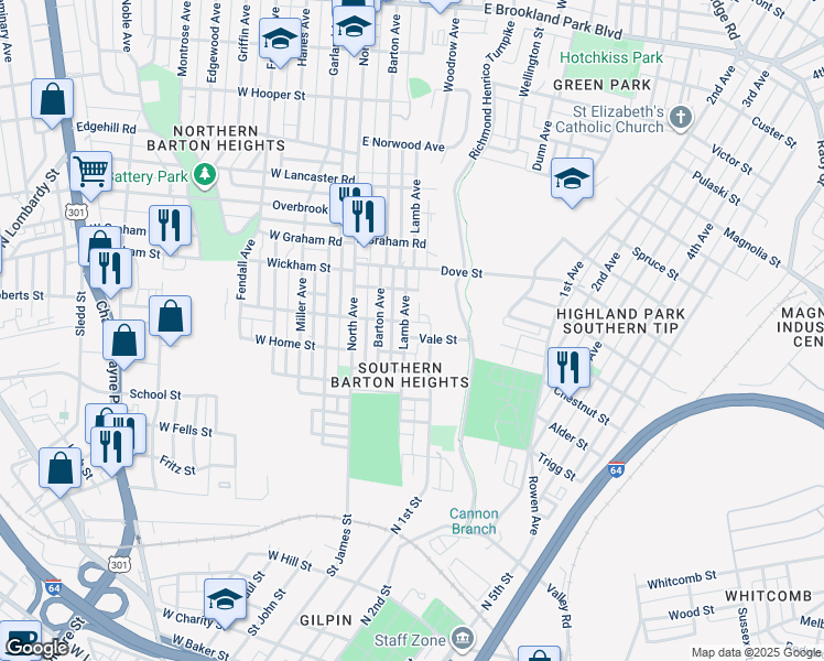 map of restaurants, bars, coffee shops, grocery stores, and more near 2020 Lamb Avenue in Richmond