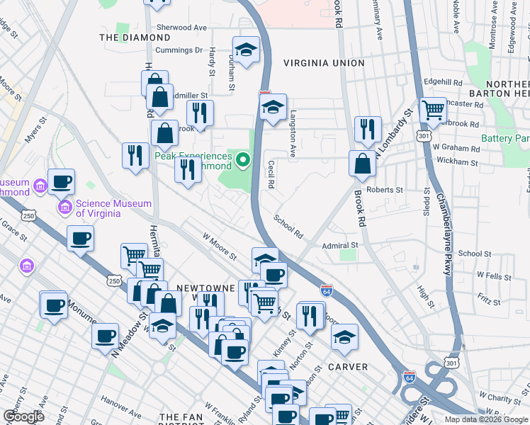 map of restaurants, bars, coffee shops, grocery stores, and more near 1811 Bath Street in Richmond