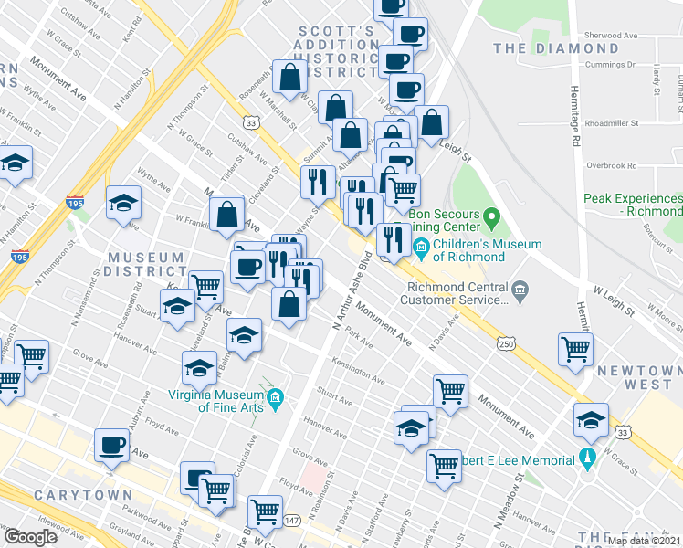 map of restaurants, bars, coffee shops, grocery stores, and more near 2816 Monument Avenue in Richmond