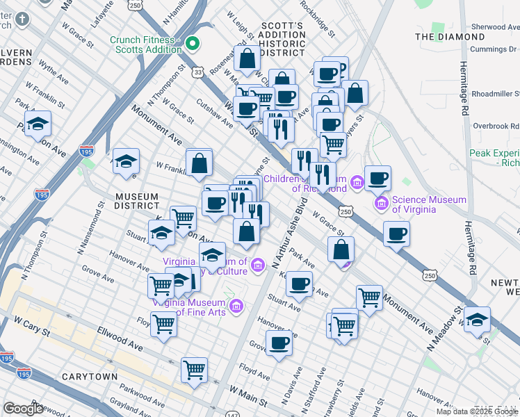 map of restaurants, bars, coffee shops, grocery stores, and more near 3001 Monument Avenue in Richmond