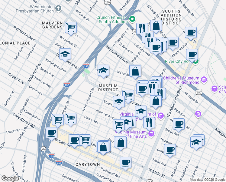 map of restaurants, bars, coffee shops, grocery stores, and more near 3310 Patterson Avenue in Richmond
