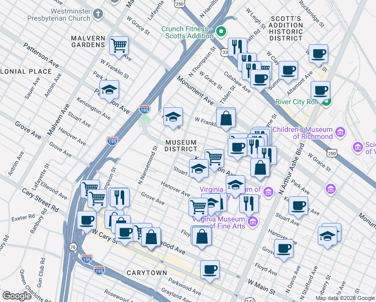 map of restaurants, bars, coffee shops, grocery stores, and more near in Richmond
