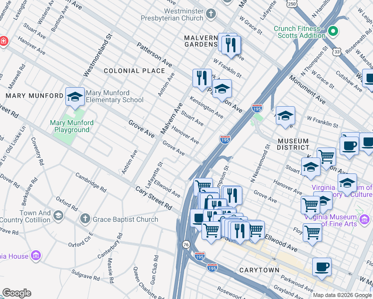 map of restaurants, bars, coffee shops, grocery stores, and more near 3903 Reveille Street in Richmond