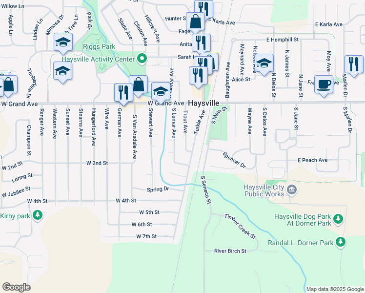 map of restaurants, bars, coffee shops, grocery stores, and more near 242 South Lamar Avenue in Haysville