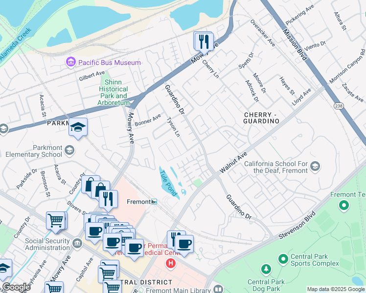 map of restaurants, bars, coffee shops, grocery stores, and more near 38841 Tyson Lane in Fremont