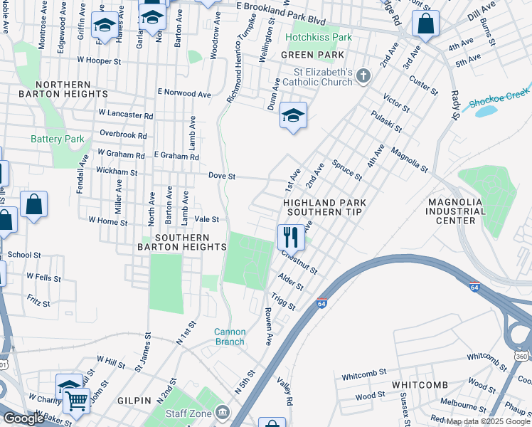 map of restaurants, bars, coffee shops, grocery stores, and more near 1125 Althea Street in Richmond
