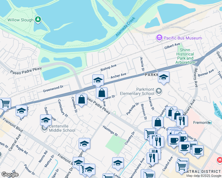map of restaurants, bars, coffee shops, grocery stores, and more near 38043 Miller Place in Fremont