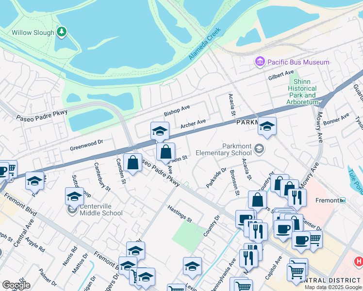 map of restaurants, bars, coffee shops, grocery stores, and more near 38043 Miller Place in Fremont