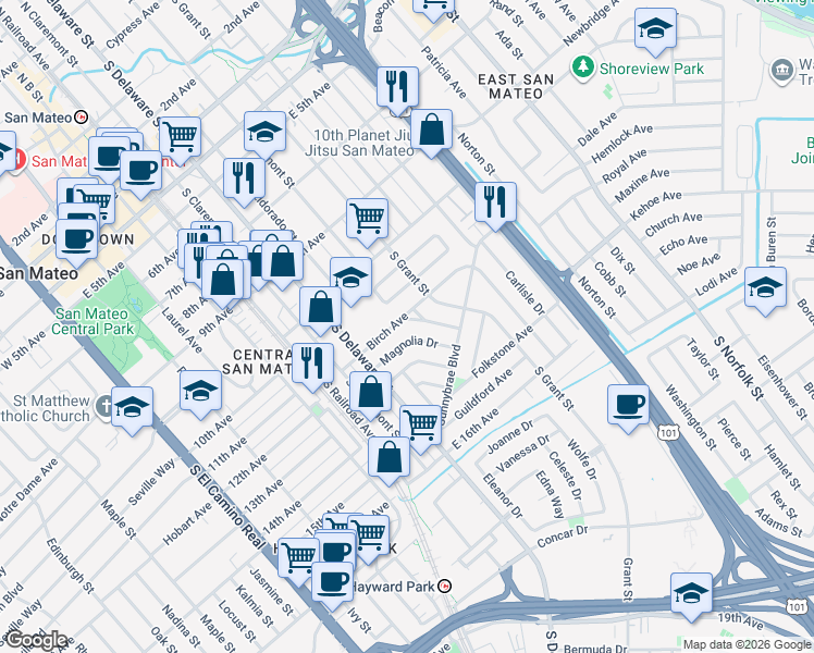 map of restaurants, bars, coffee shops, grocery stores, and more near 1096 Hawthorne Drive in San Mateo