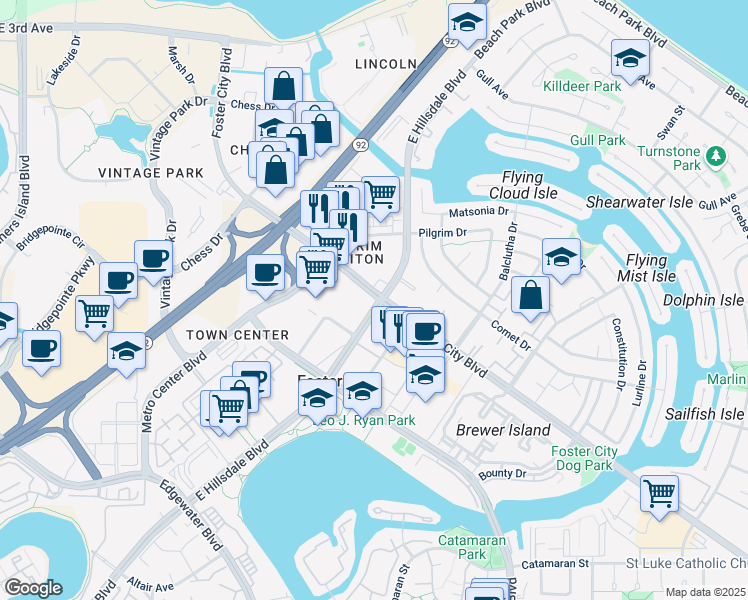 map of restaurants, bars, coffee shops, grocery stores, and more near 1476 Foster City Boulevard in Foster City