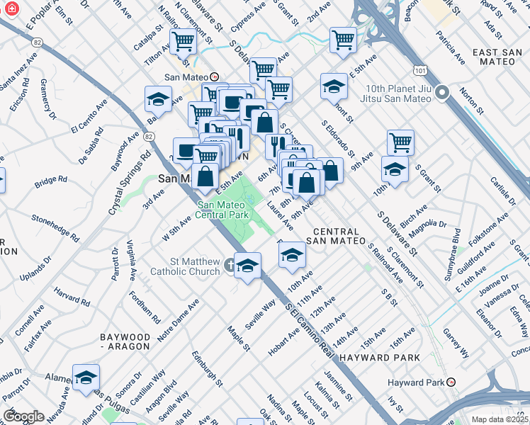 map of restaurants, bars, coffee shops, grocery stores, and more near 710 Laurel Avenue in San Mateo