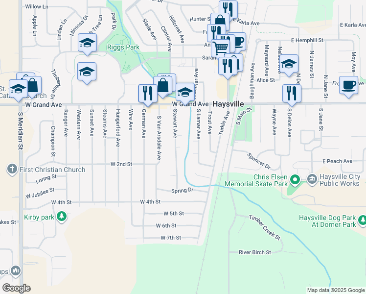 map of restaurants, bars, coffee shops, grocery stores, and more near 244 Stewart Court in Haysville