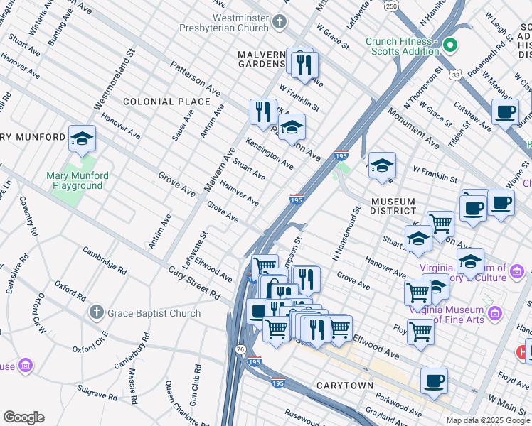 map of restaurants, bars, coffee shops, grocery stores, and more near 305 North Hamilton Street in Richmond