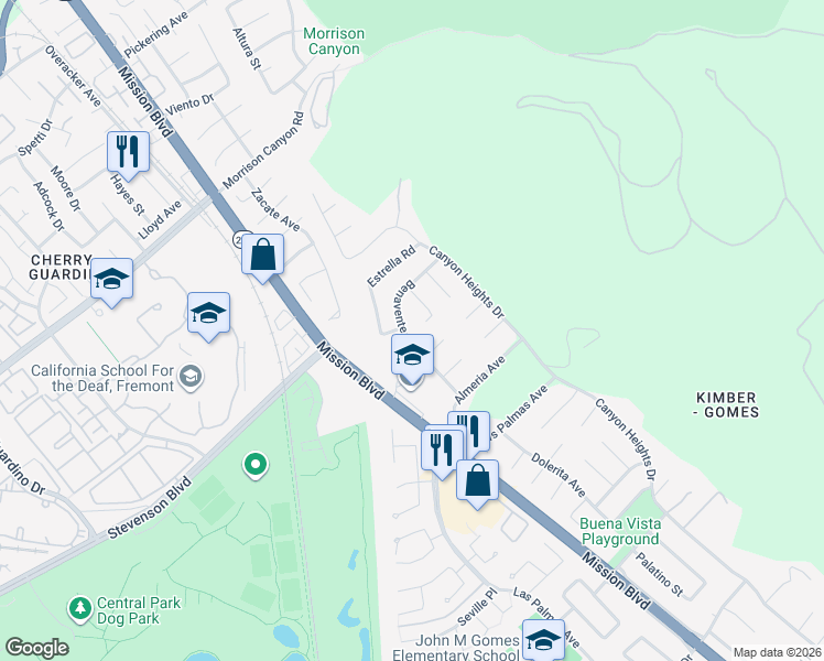 map of restaurants, bars, coffee shops, grocery stores, and more near 39610 Benavente Avenue in Fremont