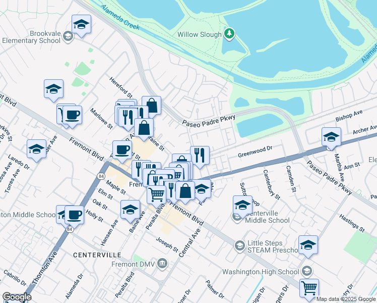 map of restaurants, bars, coffee shops, grocery stores, and more near 37311 Aspenwood Common in Fremont