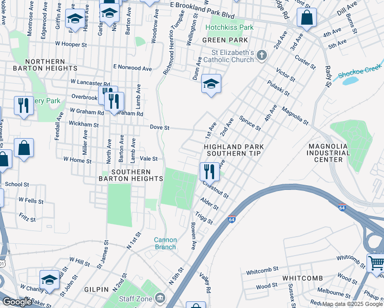 map of restaurants, bars, coffee shops, grocery stores, and more near 1125 Althea Street in Richmond