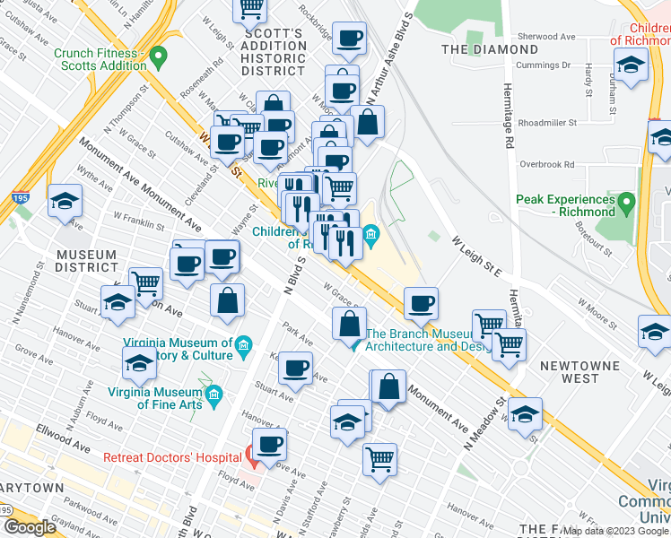 map of restaurants, bars, coffee shops, grocery stores, and more near 2715 West Broad Street in Richmond