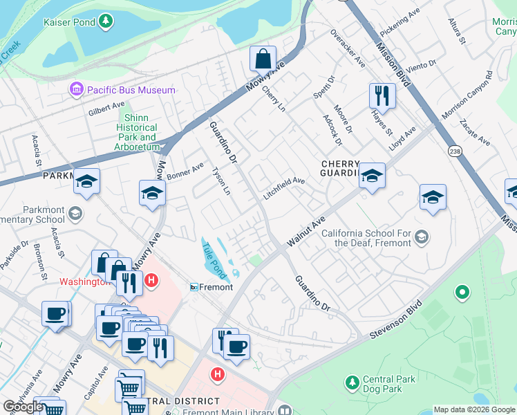 map of restaurants, bars, coffee shops, grocery stores, and more near 1150 Litchfield Avenue in Fremont