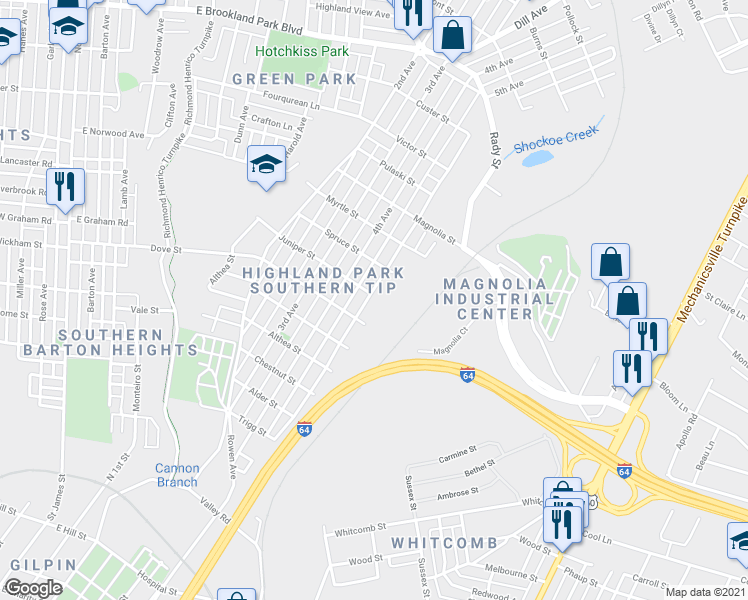 map of restaurants, bars, coffee shops, grocery stores, and more near 2215 5th Avenue in Richmond