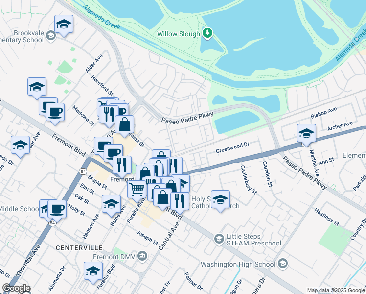map of restaurants, bars, coffee shops, grocery stores, and more near 3401 Foxtail Terrace in Fremont