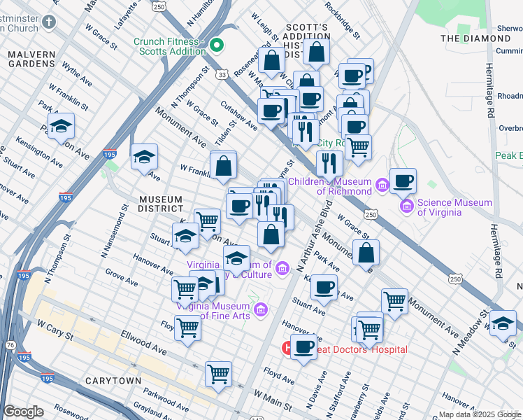 map of restaurants, bars, coffee shops, grocery stores, and more near 3018 Park Avenue in Richmond