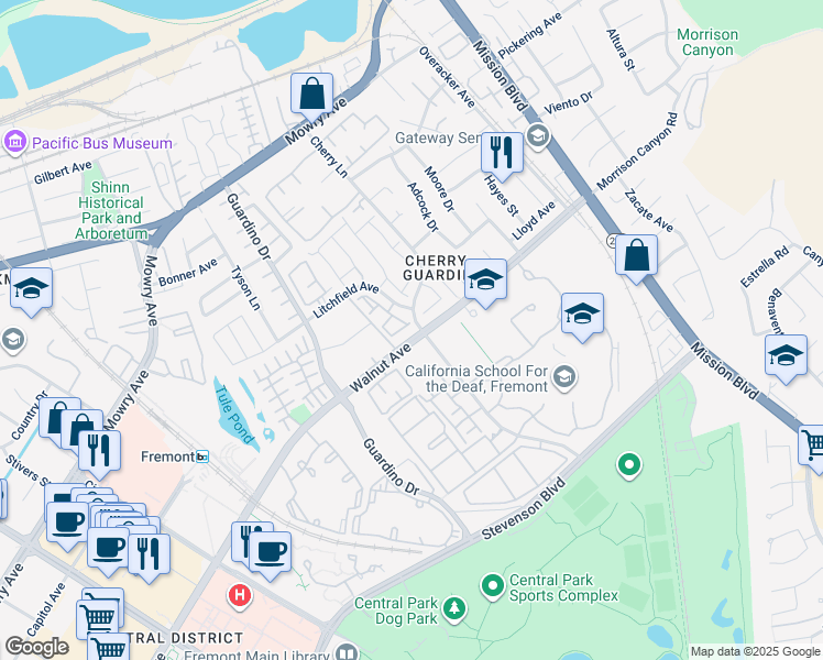 map of restaurants, bars, coffee shops, grocery stores, and more near 874 Cherry Glen Circle in Fremont
