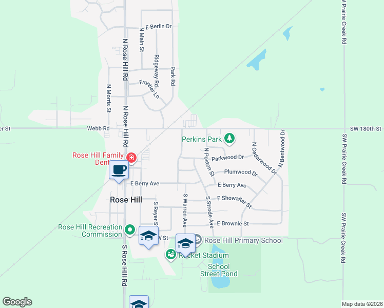 map of restaurants, bars, coffee shops, grocery stores, and more near 408 Parkwood Drive in Rose Hill
