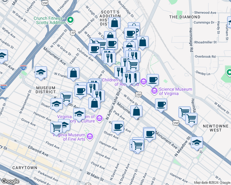 map of restaurants, bars, coffee shops, grocery stores, and more near 803 North Arthur Ashe Boulevard in Richmond
