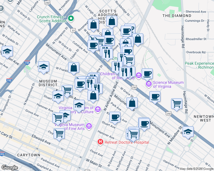 map of restaurants, bars, coffee shops, grocery stores, and more near 2816 Monument Avenue in Richmond