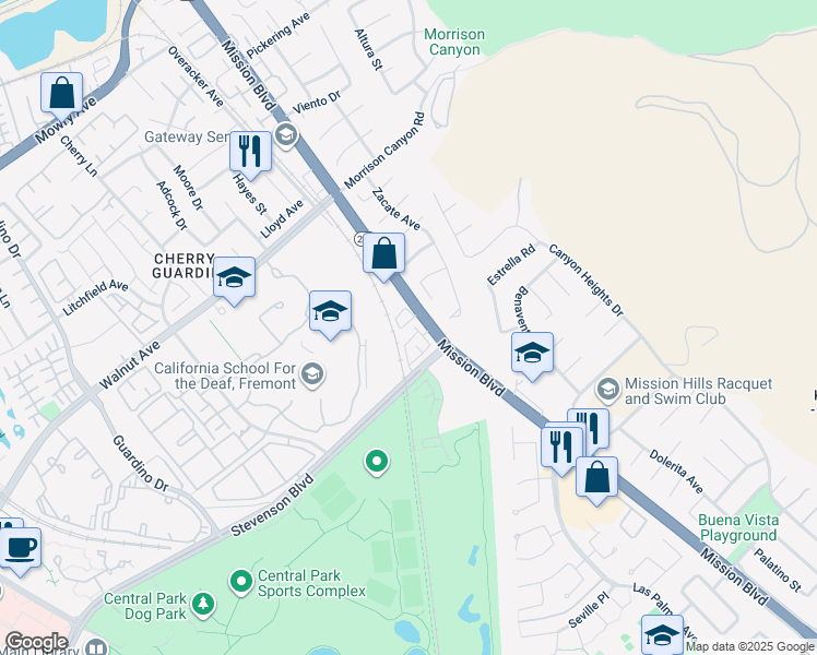 map of restaurants, bars, coffee shops, grocery stores, and more near 127 Branta Common in Fremont