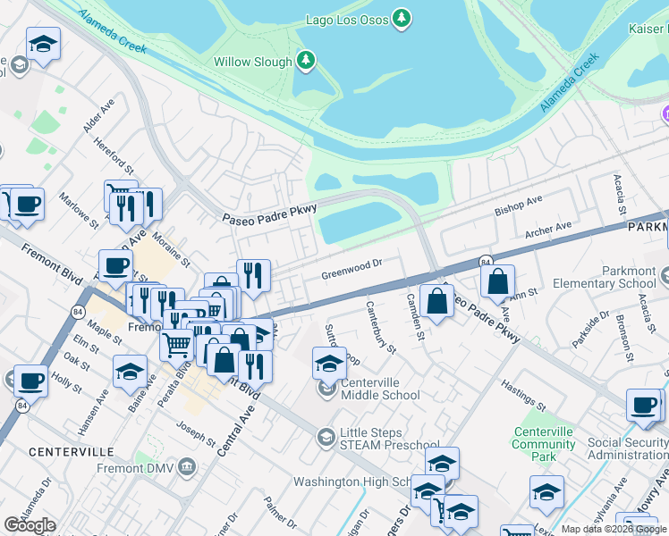 map of restaurants, bars, coffee shops, grocery stores, and more near 3175 Greenwood Drive in Fremont