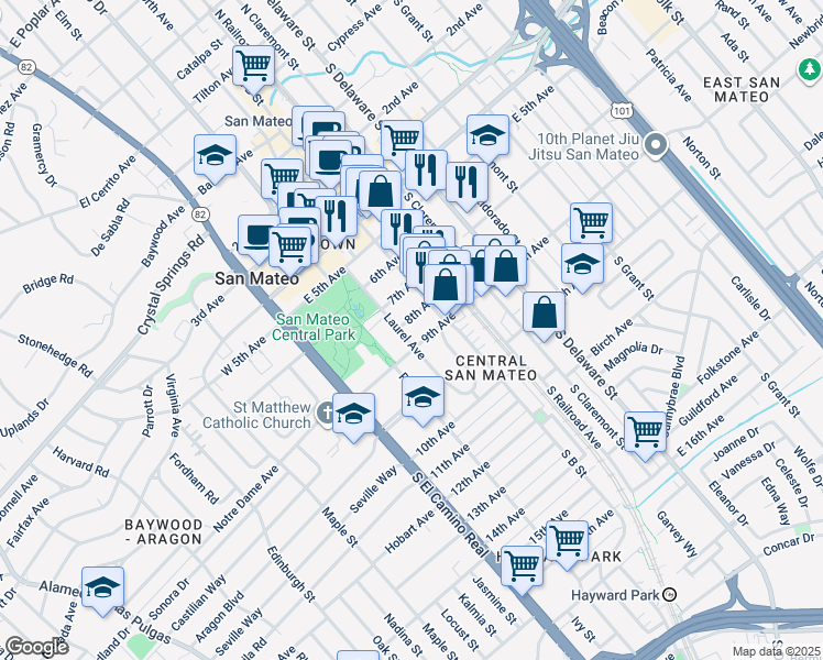 map of restaurants, bars, coffee shops, grocery stores, and more near 225 9th Avenue in San Mateo