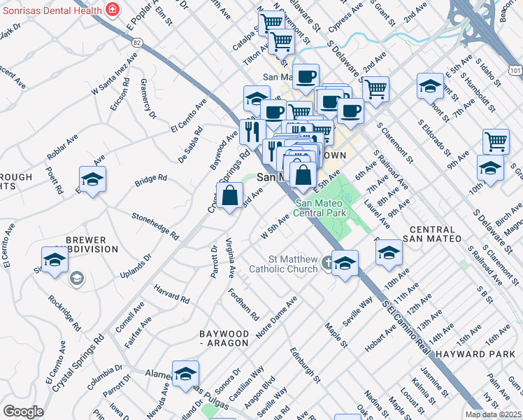 map of restaurants, bars, coffee shops, grocery stores, and more near 46 West 4th Avenue in San Mateo