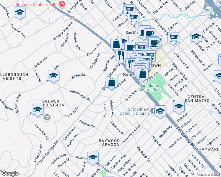 map of restaurants, bars, coffee shops, grocery stores, and more near 147 Arroyo Court in San Mateo