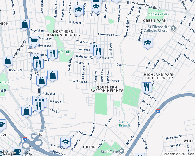 map of restaurants, bars, coffee shops, grocery stores, and more near 2021 North Avenue in Richmond