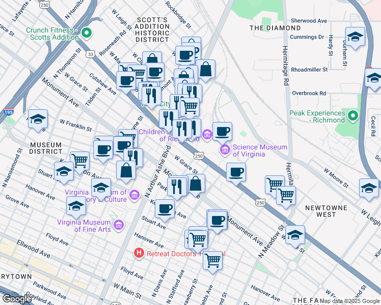 map of restaurants, bars, coffee shops, grocery stores, and more near 2727 West Broad Street in Richmond