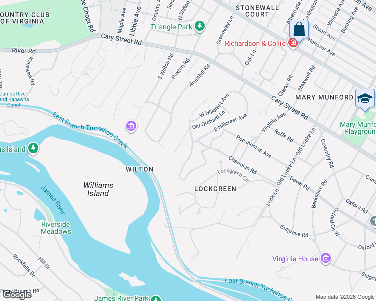 map of restaurants, bars, coffee shops, grocery stores, and more near 307 Hillwood Road in Richmond