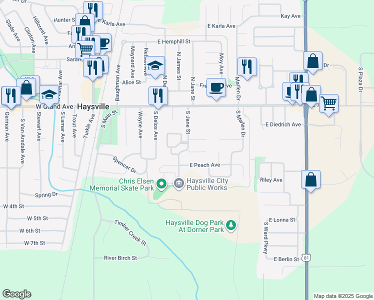 map of restaurants, bars, coffee shops, grocery stores, and more near 712 East Greenwood Court in Haysville