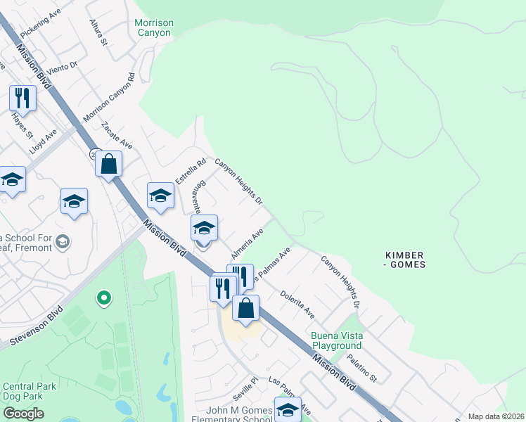 map of restaurants, bars, coffee shops, grocery stores, and more near 289 Hidalgo Court in Fremont