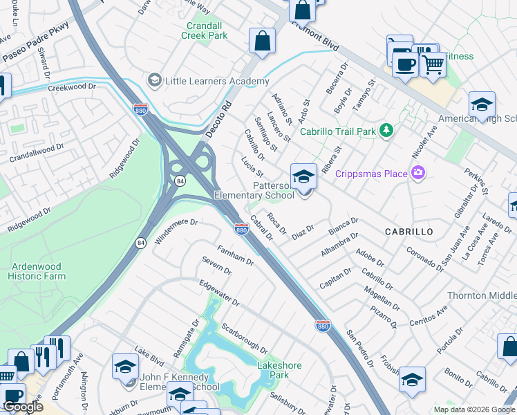 map of restaurants, bars, coffee shops, grocery stores, and more near 35398 Roca Drive in Fremont