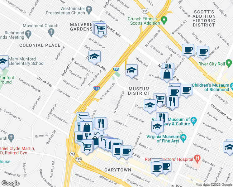 map of restaurants, bars, coffee shops, grocery stores, and more near 3506 Stuart Avenue in Richmond