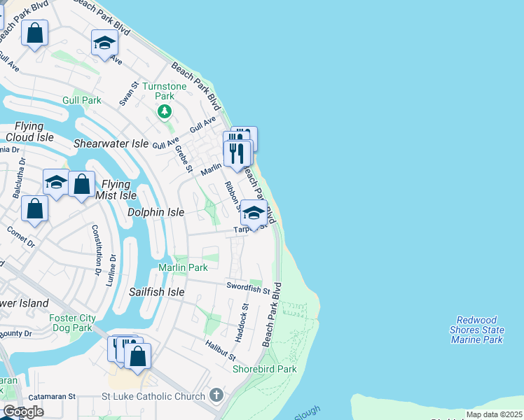 map of restaurants, bars, coffee shops, grocery stores, and more near 1431 Beach Park Boulevard in Foster City