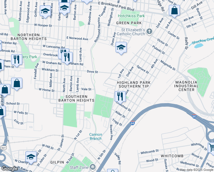 map of restaurants, bars, coffee shops, grocery stores, and more near 1113 Althea Street in Richmond