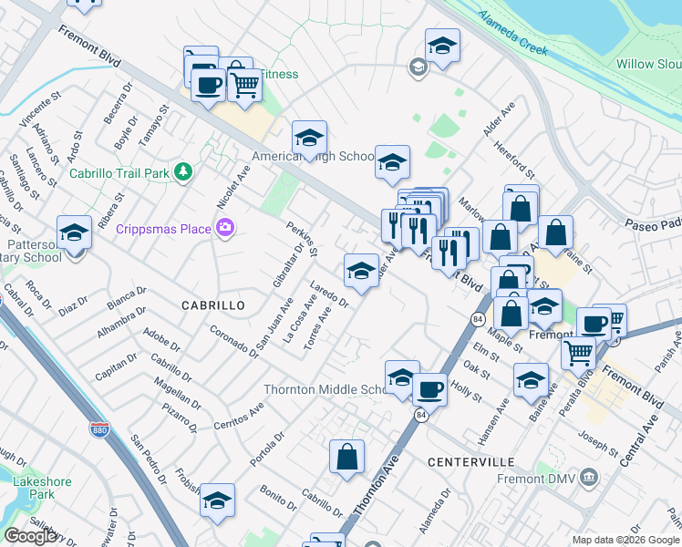 map of restaurants, bars, coffee shops, grocery stores, and more near 4111 Wakefield Loop in Fremont