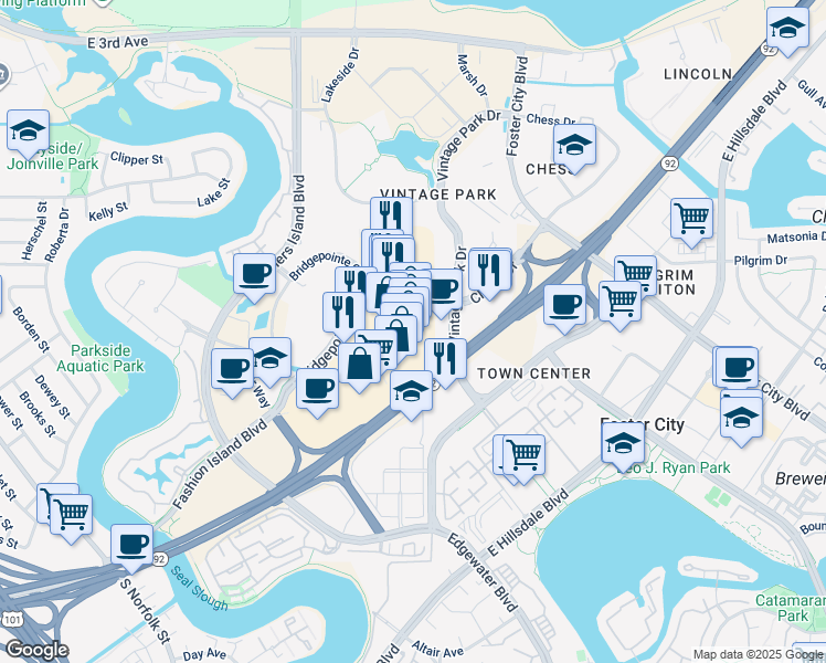 map of restaurants, bars, coffee shops, grocery stores, and more near 2000-2098 Chess Dr in San Mateo